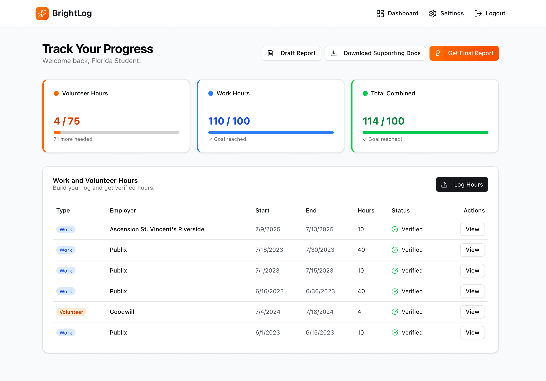 BrightLog Dashboard - Track your volunteer and work hours