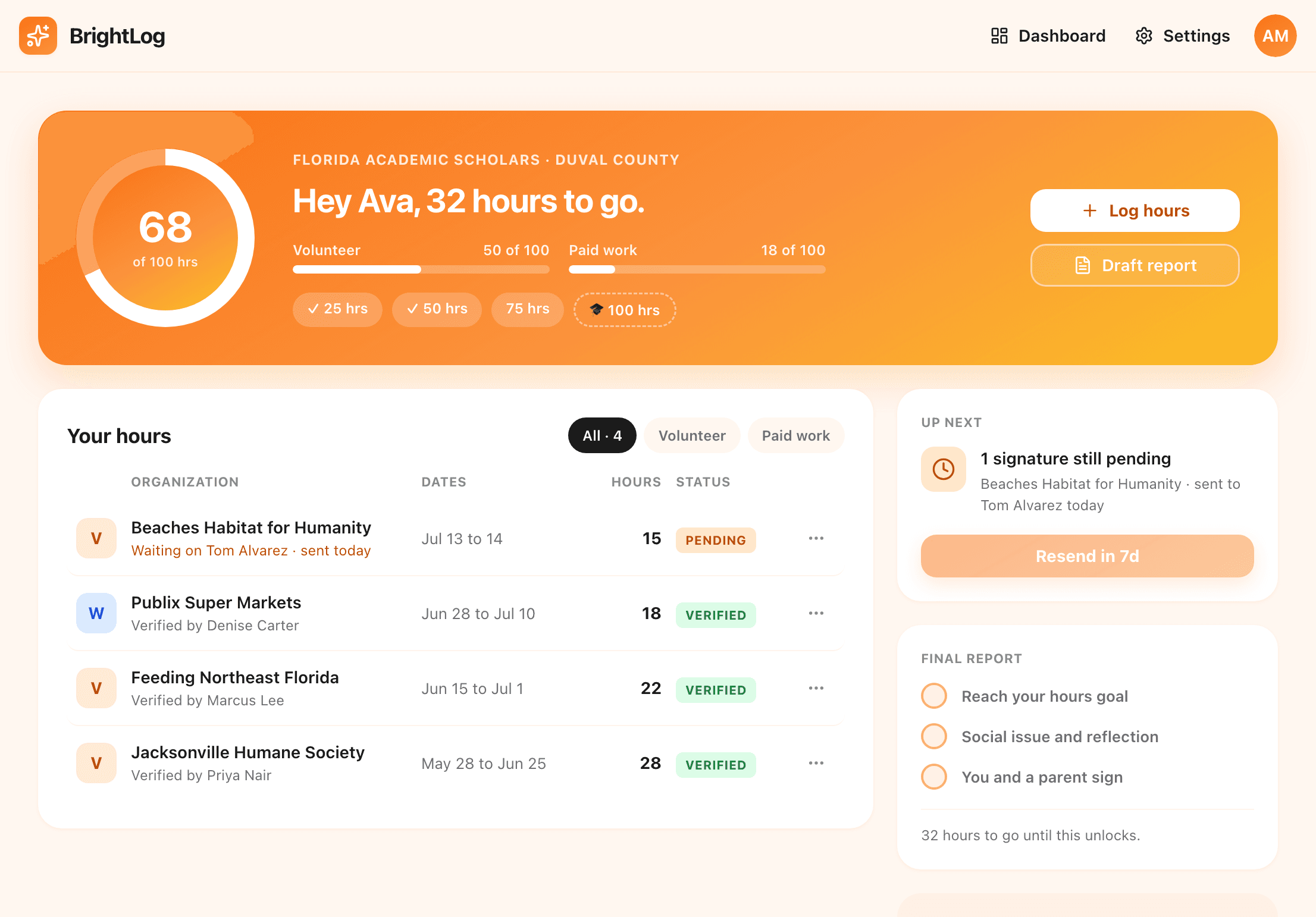BrightLog Dashboard - Track your volunteer and work hours